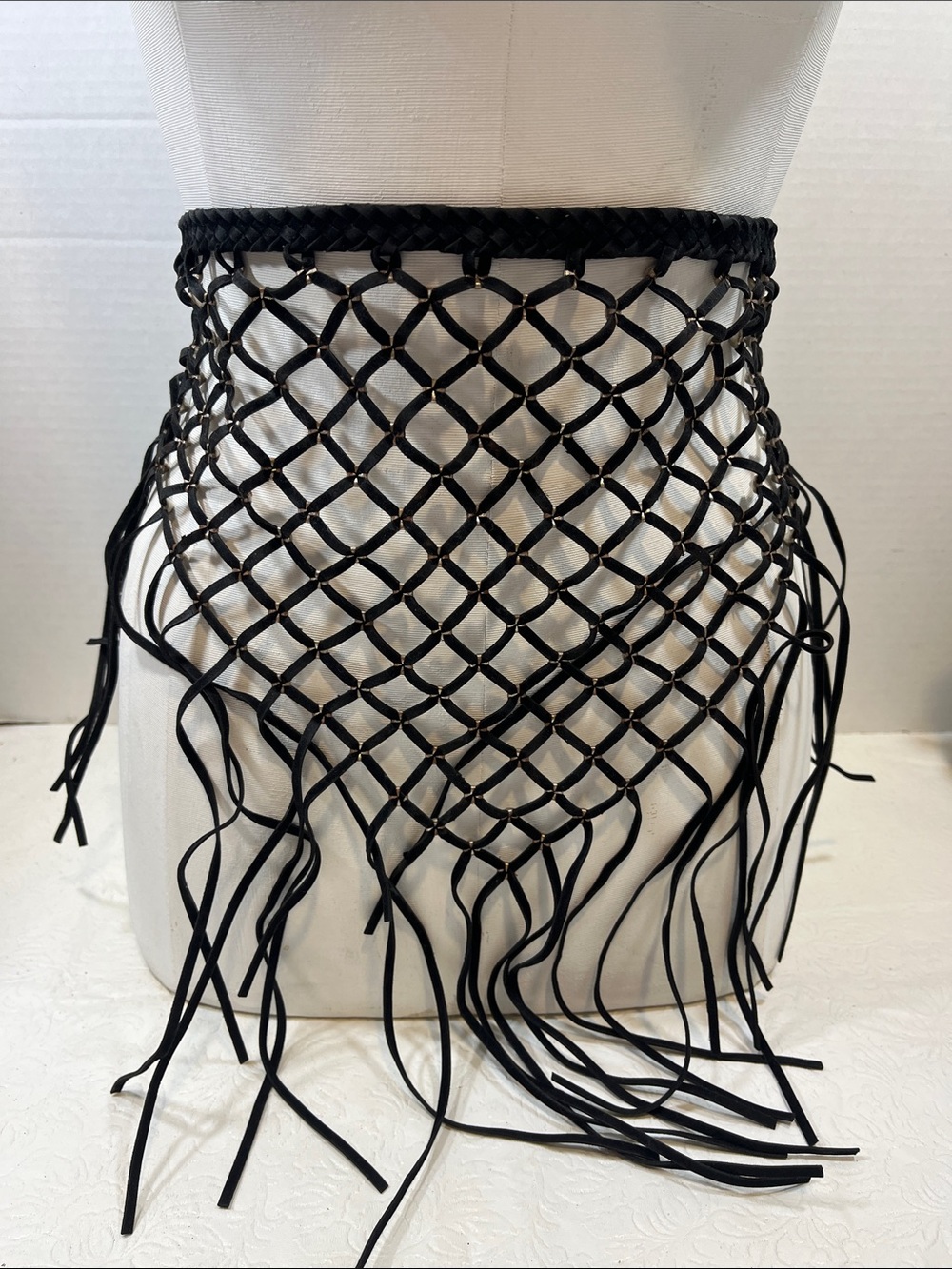 Boho Open Mesh Fringed Braided Waist Belt Sash Silver Tone Studs Black 56"x17"